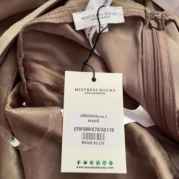 Mistress Rocks Serve It Jumpsuit Satin Sleeveless Wide Leg Khaki Size Small NEW - Picture 9 of 10